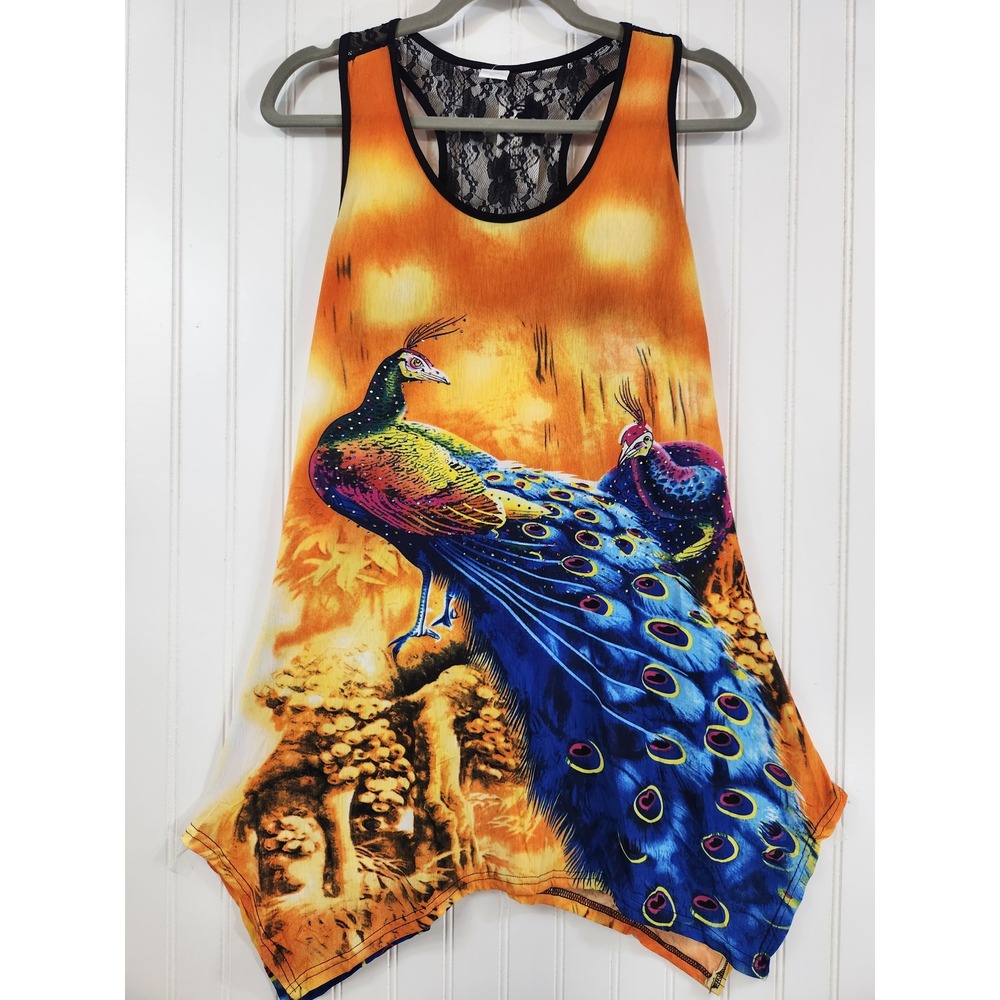 NEW BODAFA Women Peacock Rhinestone Lace Racerback Sharkbite Hem Tank Top XL